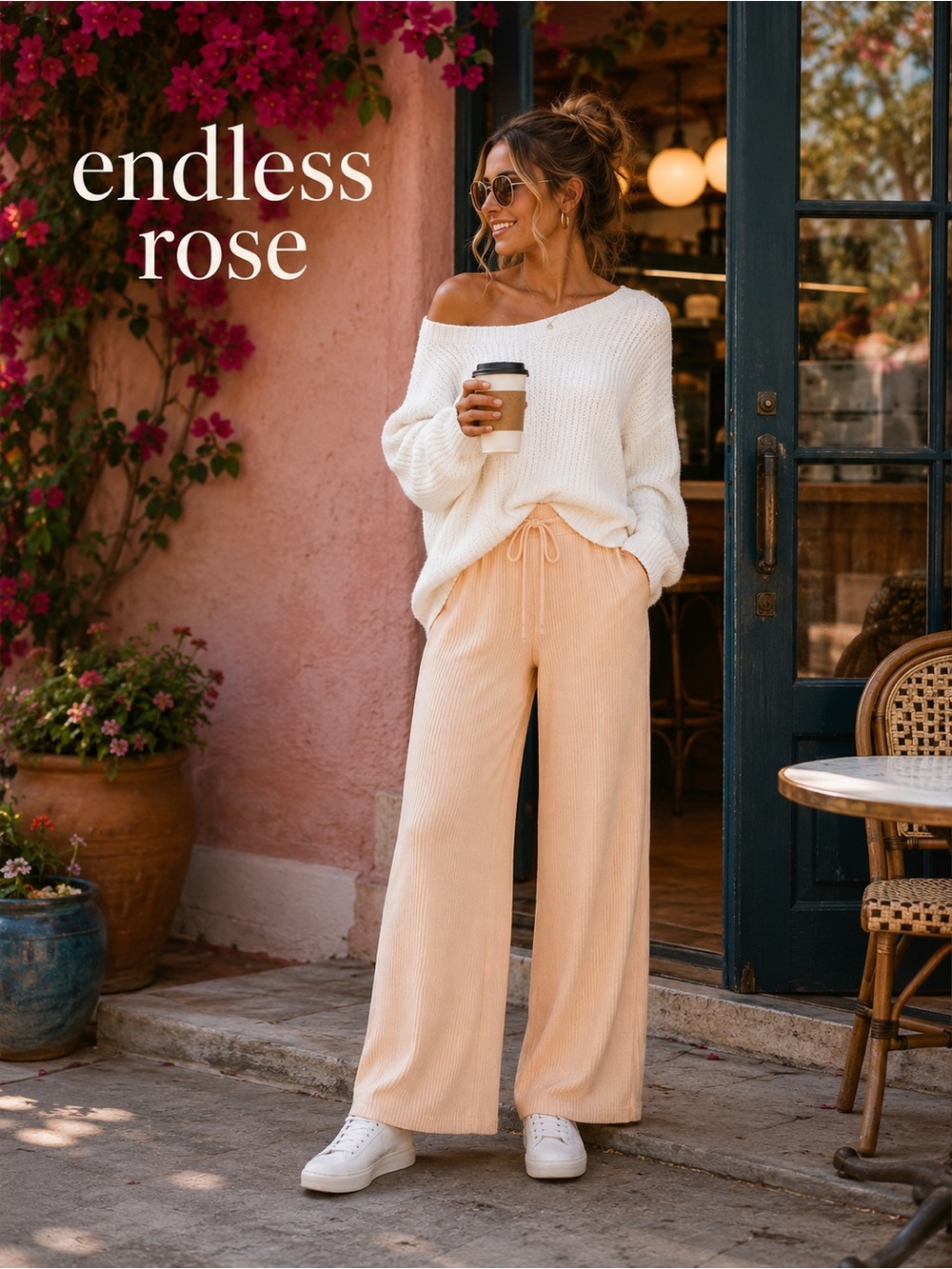 Anthro’s Endless Rose,Soft-Peach Wide-Leg,Ribbed Pants,Drawstring Waist,Size XS